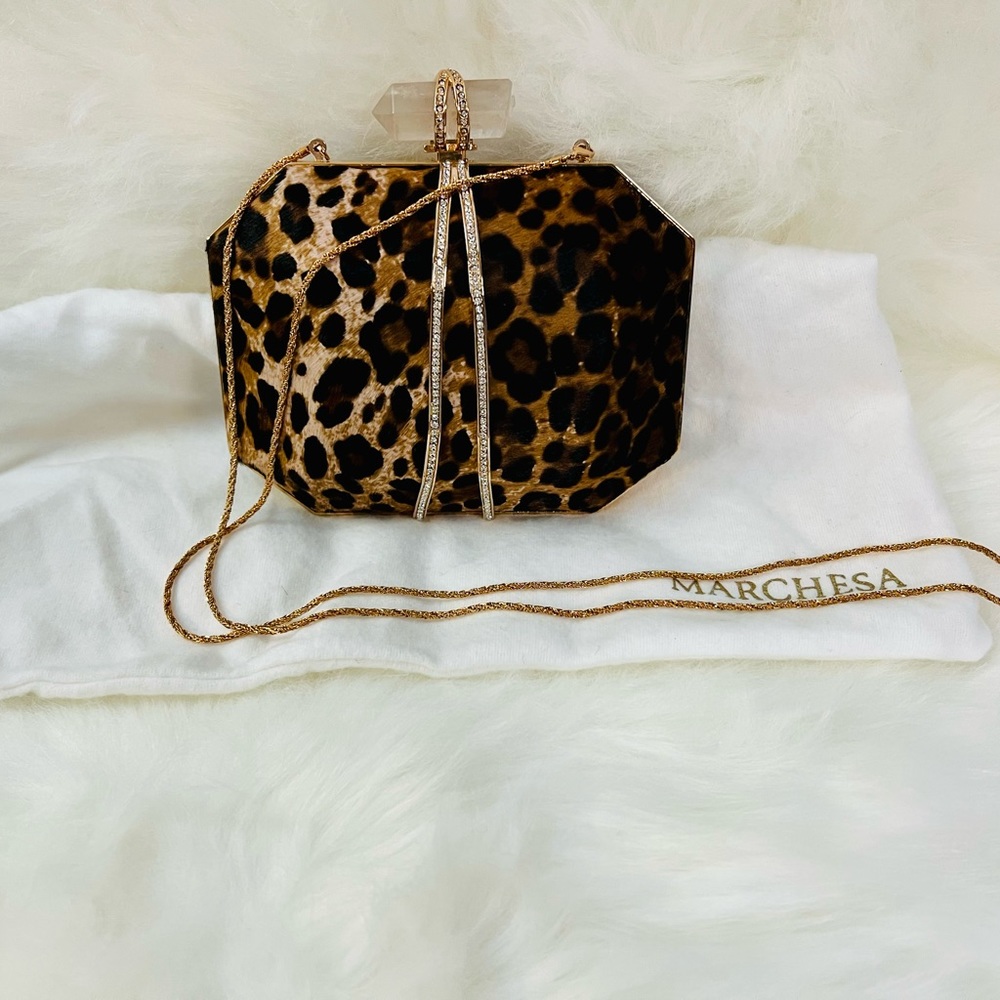MARCHESA  Iris Leopard Print Calf Hair Box Clutch.🤎💛